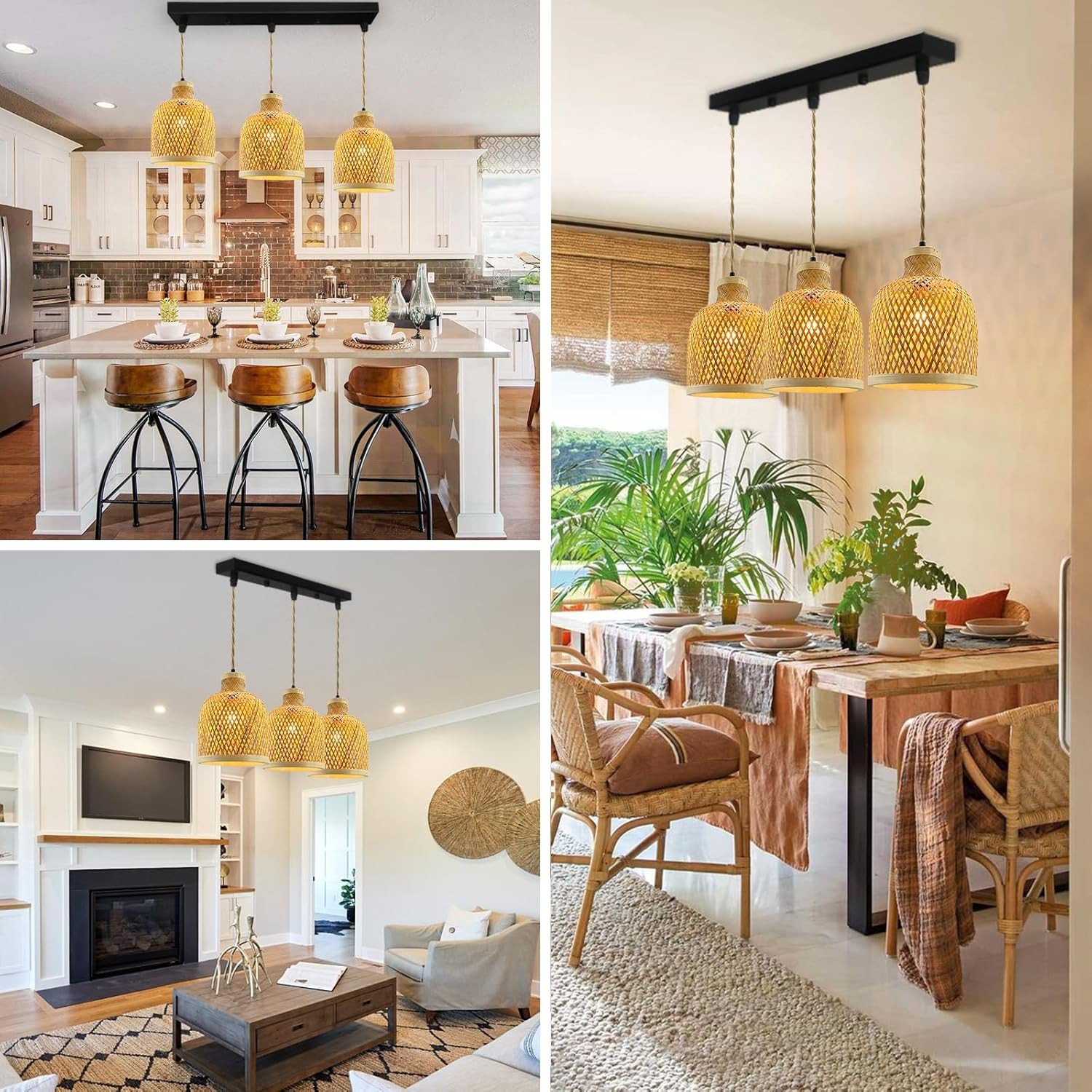 Boho Chandelier, Rustic Hemp Rope Pendant Light Hand-Woven Rattan Cage Basket Coastal Light Fixture Lights Farmhouse Wicker Hanging Lighting For