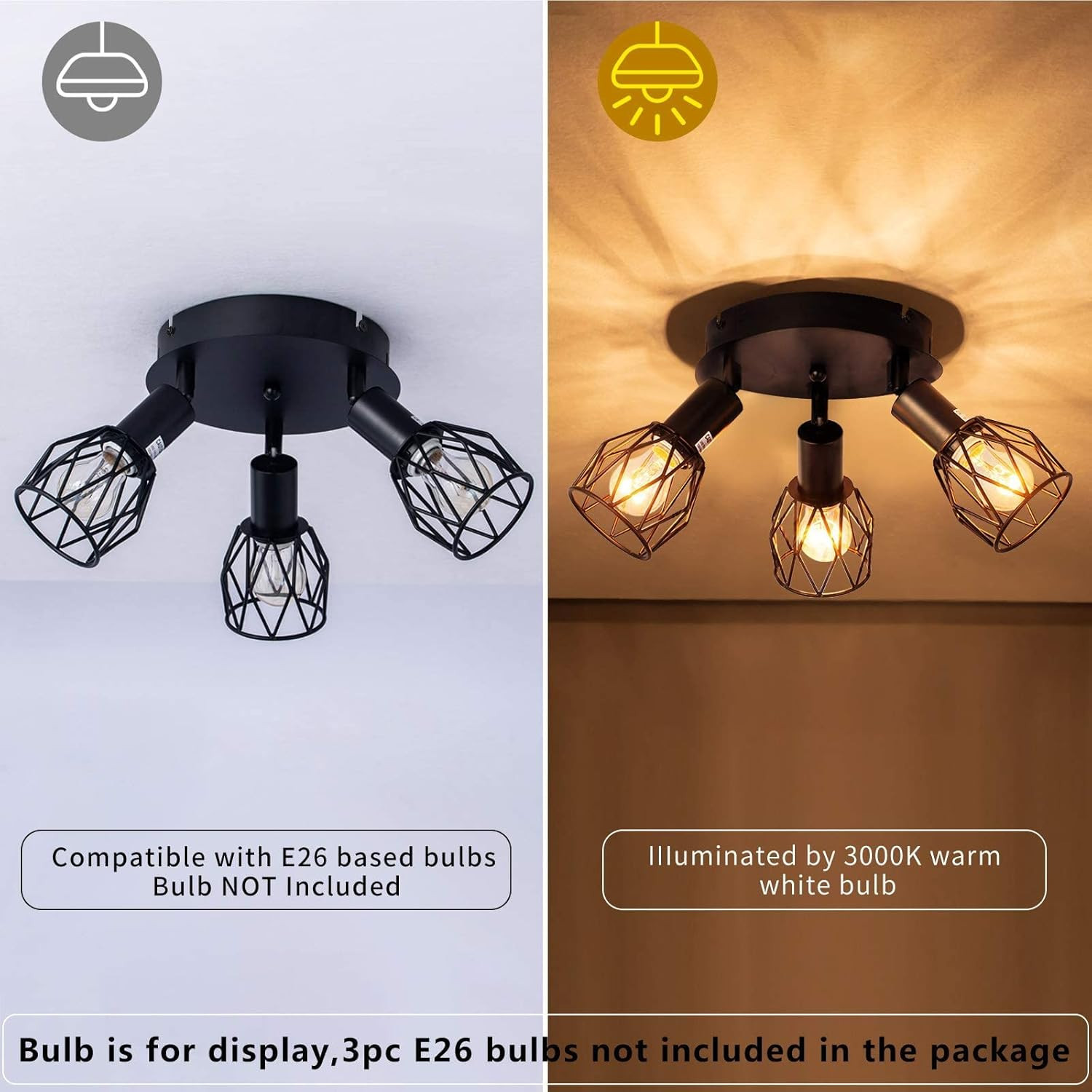 Farmhouse Semi Flush Mount Ceiling Light Rustic Vintage Ceiling Mount 3 Light For Dining Room Hallway Entryway Bedroom Living Room