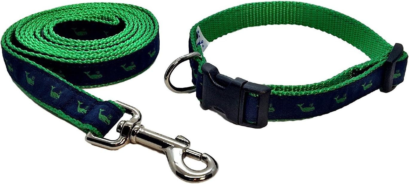 Preston Kelly Green Whale On Navy Dog Collar And Leash Set Navy Blue Ribbon  On Green Nylon Webbing (Extra Small)