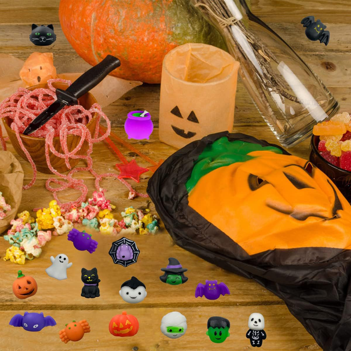 Mochi Squishy 5.5" Halloween Cauldron With 24 Pcs Squeeze Fidget Toys ,Mini Kawaii Toy Stress Reliever Anxiety Packs For Kid Party Favors,Halloween Miniatures,Halloween Party Decorations Mini Mochi