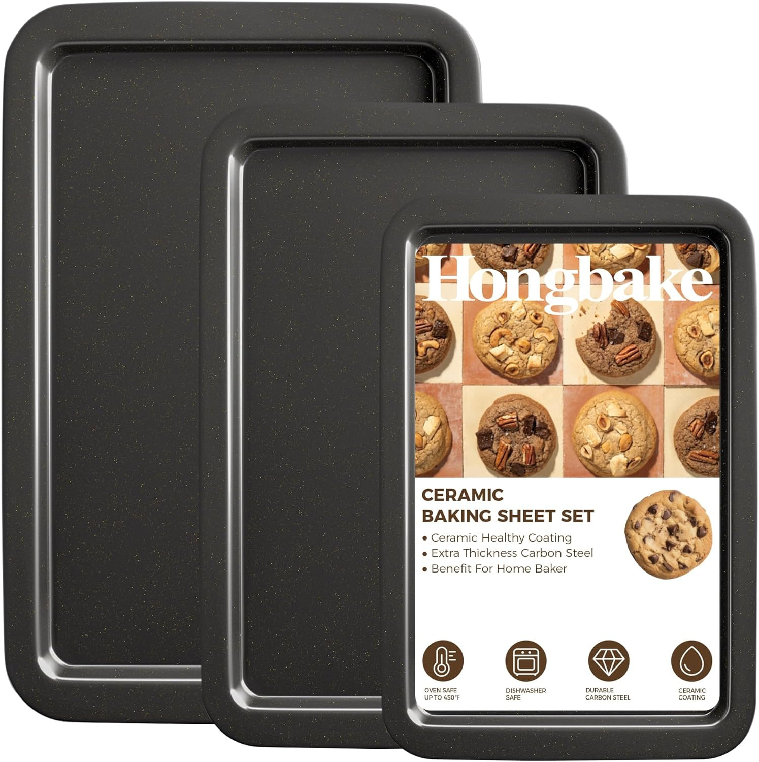 HONGBAKE Ceramic Baking Sheet Pan Set Cookie Sheet for Oven Bakeware Sets  with Wider Grips Pack Half/Jelly Roll/Quarter Baking Tray Premium