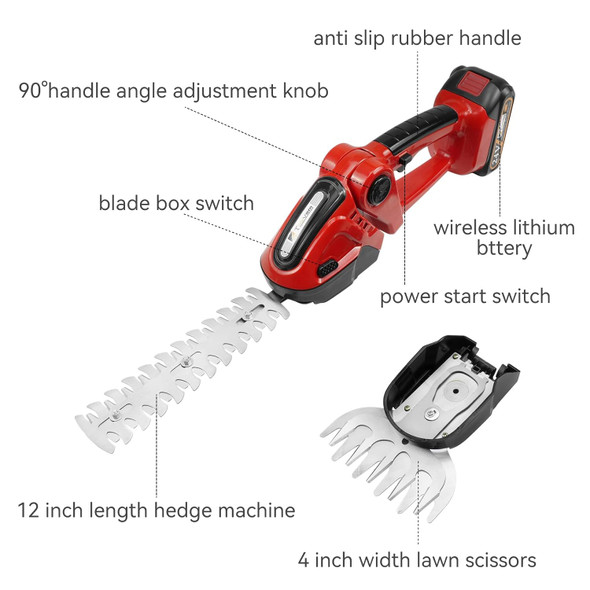 Hedge Trimmer Cordless, TOOVEM 2 in 1 Handheld Cordless Grass Shear with 2 Pcs Rechargeable Batterys and Charger, 24V Electric Weed Grass Cutter Shrubbery Trimmer for Garden, Lawn (Red)