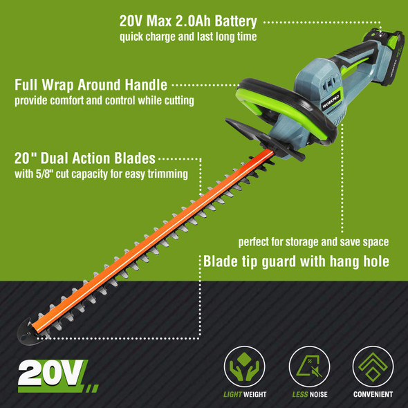 WORKPRO 20V Cordless Hedge Trimmer, 20" Dual Action Blades Electric Gardening Trimmer, 2.0Ah Battery 1 Hour Quick Charger Included, Great Garden s WORKPRO 20V Cordless Hedge Trimmer, 20" Dual Action Blades Electric Gardening Trimmer, 2.0Ah Battery 1 Hour Quick Charger Included, Great Garden s