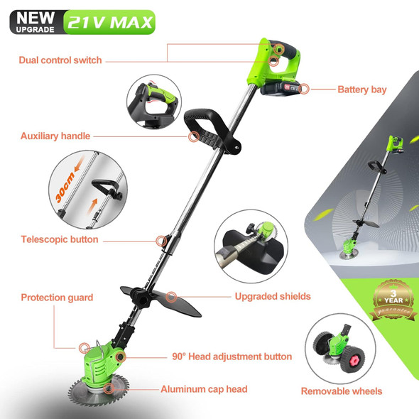 Cordless Weed Wacker Battery Powered, 3-in-1 Electric Weed Eater Grass Trimmer with 2 x 21V 2.0Ah Battery 3 Types 26 Blades, No String Push Brush Cutter Lightweight Edger Lawn Tool for Garden and Yard