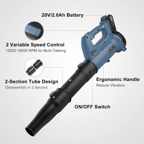 Cordless Leaf Blower, 20V Lawn Blower with 2 Batteries, Dual-Speed Settings, Quick Installation and 2-Section Tube Design, Charger Included, C P CHANTPOWER