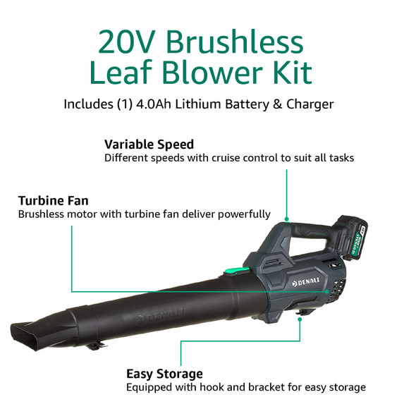Amazon Brand - Denali by SKIL 20V Brushless 400 CFM Leaf Blower Kit, Includes 4.0Ah Lithium Battery & Charger
