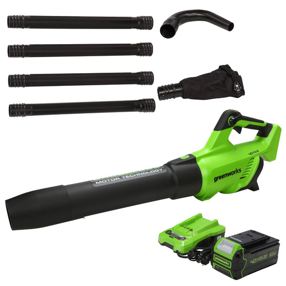 Greenworks 40V (550 CFM / 130 MPH) Brushless Axial Leaf Blower 4Ah USB Battery and Charger with Gutter Cleaning Kit Greenworks 40V (550 CFM / 130 MPH) Brushless Axial Leaf Blower 4Ah USB Battery and Charger with Gutter Cleaning Kit