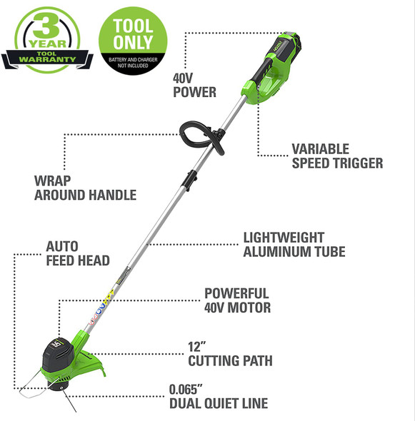 Greenworks 40V 12" Cordless String Trimmer, Tool Only Greenworks 40V 12" Cordless String Trimmer, Tool Only