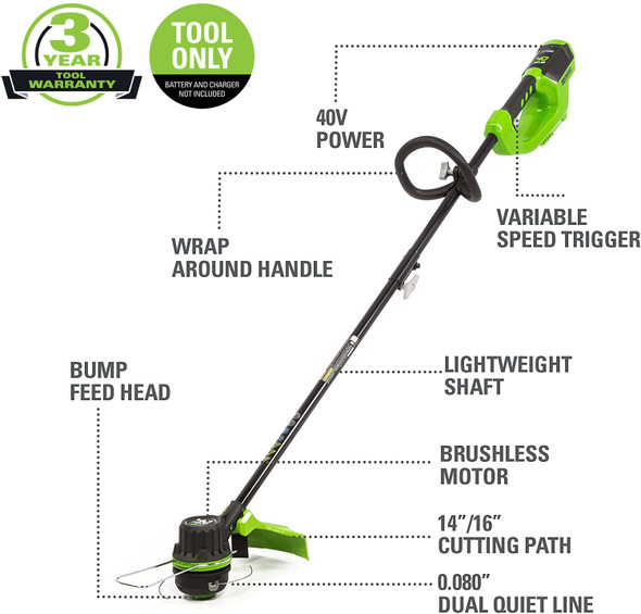 Greenworks 40V 14 inch Brushless Cordless String Trimmer, Tool Only, ST40L00