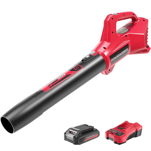 POWERWORKS XB 20V Cordless Leaf Blower with 2Ah Battery and Charger,310 CFM / 85 MPH & 2-Speed Mode, Battery Powered Leaf Blowers for Lawn Care POWERWORKS XB 20V Cordless Leaf Blower with 2Ah Battery and Charger,310 CFM / 85 MPH & 2-Speed Mode, Battery Powered Leaf Blowers for Lawn Care