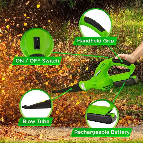 Updated SereneLife Electric Leaf Blower, Cordless, Lightweight - Only 5 lbs, Perfect for Leaves & Debris, Rechargeable Battery & Charger Included, Average Charge Time 4 Hrs, 18V, 55 Mph Updated SereneLife Electric Leaf Blower, Cordless, Lightweight - Only 5 lbs, Perfect for Leaves & Debris, Rechargeable Battery & Charger Included, Average Charge Time 4 Hrs, 18V, 55 Mph