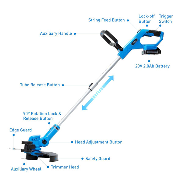 WISETOOL Weed Wacker Battery Powered, Cordless String Trimmer & Edger, 12 Inch Weed Eater with 3 Spools, Edger Lawn Tool with 90 Degree Adjustable Head, 20V 2.0Ah Battery and Fast Charger Included WISETOOL Weed Wacker Battery Powered, Cordless String Trimmer & Edger, 12 Inch Weed Eater with 3 Spools, Edger Lawn Tool with 90 Degree Adjustable Head, 20V 2.0Ah Battery and Fast Charger Included