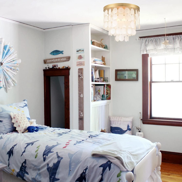 Alice House 13.8" Capiz Shell Ceiling Light,Brushed Brass Finish, 3 Light Flush Mount Light For Bedroom, Hallway, Entryway Etl Listed, Al2608-S3