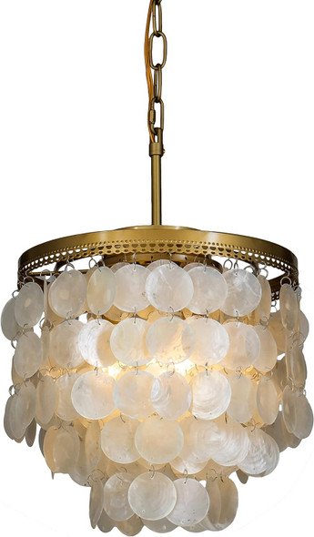 3-Light Coastal Capiz Natural Seashell Chandelier Lighting Unique 3 Tiers Ceiling Light Antique Brass Electroplate Flush Mount Interior Decor Pendant Light Fixture W13.75 Inch (Gold)
