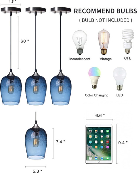Ariamotion Glass Pendant Lights Kitchen Island Blue Modern Light Fixtures Ceiling Hanging Hand Crafted Art Bubble Teardrop Over Dining Room Table Bathroom 3 Pack 7 Inch H 5.5 Inch Diam