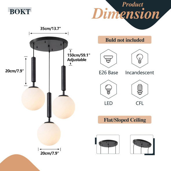 Bokt 3 Light Globe Cluster Pendant Light Modern Black Hanging Pendant Light Fixture White Milk Glass Vintage Farmhouse Pendant Lights Kitchen Island Adjustable Height Stairwell Lighting Chandelier