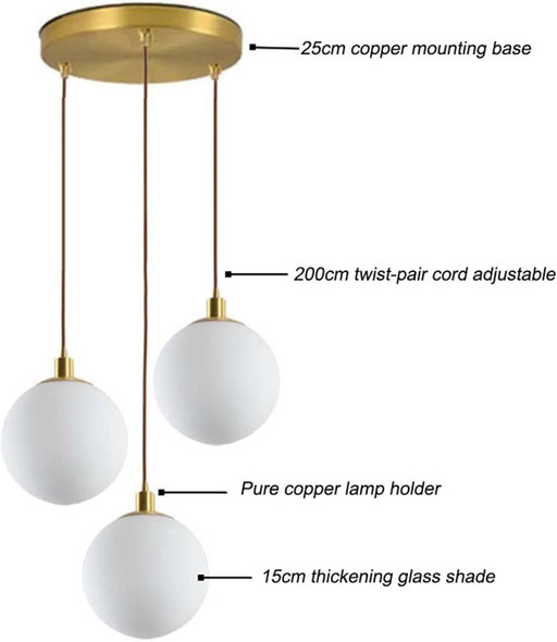 Modern Minimalist Pendant Lighting With White Globe Lampshade,Premium Brass Spherical Glass Ceiling Light Hanging Lamp Kitchen Living & Dining Room Chandelier (3-Lights,5.9")