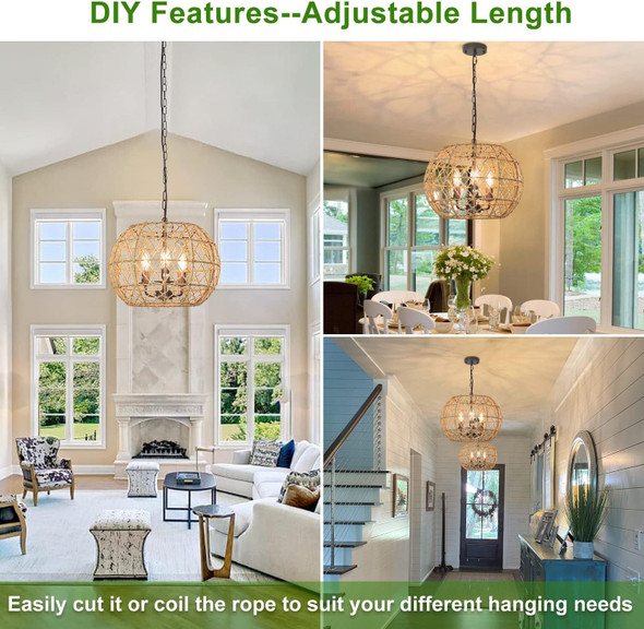 Depuley Rustic Woven Pendant Light, 3-Light Metal Basket Hanging Lights Fixture With Hemp Rope Finish, 39 Inch Adjustable Chain Vintage Chandeliers For Kitchen/Dining Table/Living Room, E12