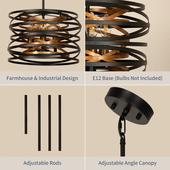 Dllt 3-Light Industrial Drum Chandeliers, 13'' Farmhouse Black And Gold Pendant Light, Adjustable Metal Hanging Light Fixtures For Dining Room, Kitchen, Living Room, Bedroom, E12 Bulbs Not Included