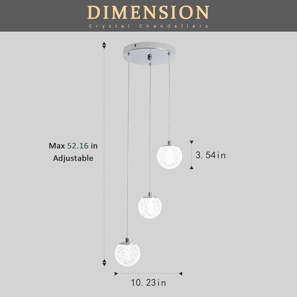 Chromed Crystal Pendant Lights 5000K Daylight White,3-Light Mini Led Modern Brushed Nickel Light Fixtures Ceiling Hanging, Glass Globes Pendant Lighting For Kitchen Island Bedroom Dining Room Foyer