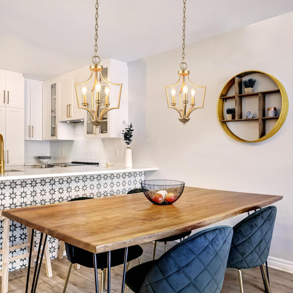Ksana Gold Pendant Lights Kitchen Island, 3-Light Small Modern Farmhouse Pendant Lighting, 11'' Geometric Lantern Pendant Chandeliers Light Fixture For Dining Room, Bedroom, Entryway