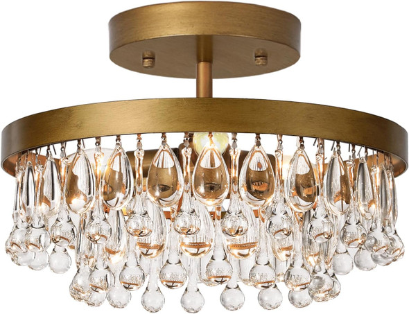 Seol-Light Antique Gold Crystal Flush Chandeliers Round Large Pendant Ceiling Light Fixture For Dining Room,Bedroom,Living Room,3 Light,120W,E12,15 Dia*6" H;