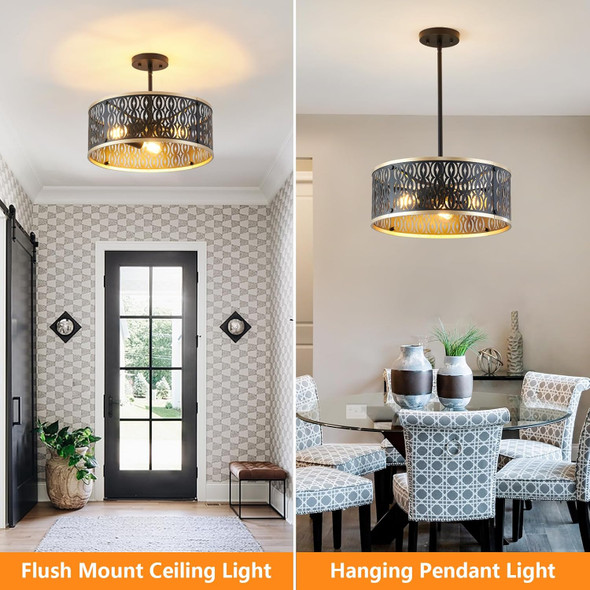 Sglfarmty Modern Drum Pendant Light, 3-Light Drum Chandelier For Dining Room, Adjustable Black Semi Flush Mount Ceiling Light, Metal Hanging Pendant Lighting For Kitchen Island, Diameter 15.74"
