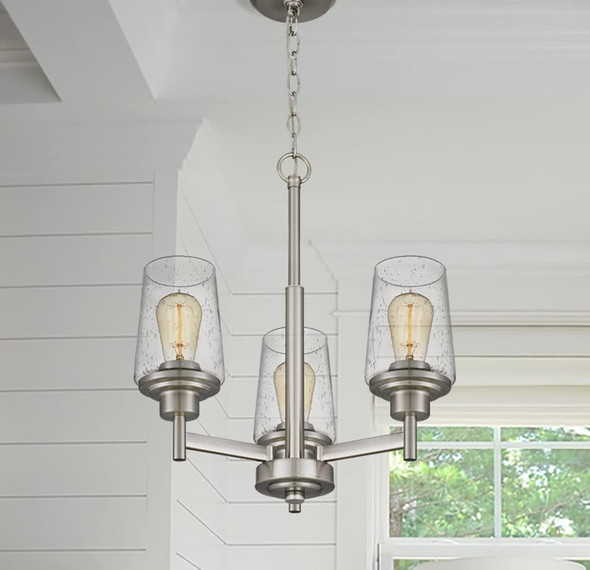 Jacob Modern 3-Light Chandelier Pendant Ceiling Light Brushed Nickle Seeded Glass Adjustable Height For Hallway, Entryway, Passway, Dining, Kitchen, Bulbs Not Included