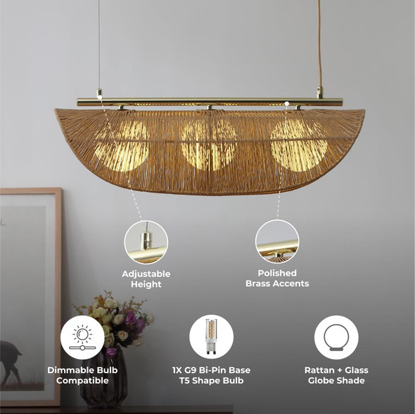 Sovev 27.5 In. Brass Bohemian 3-Light Dimmable Pendant Light With Opal Glass Rattan Shade