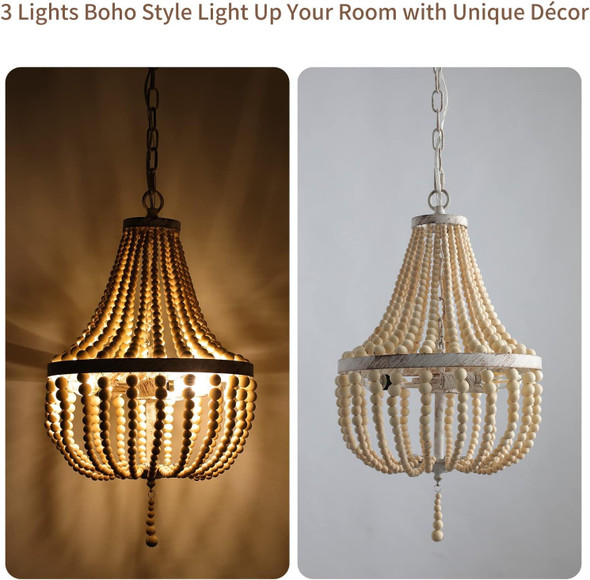 3-Light Mini Wood Beaded Bohemian Plug In Chandelier Pendant Light Fixture With 16.4Ft Swag Cord,Antique Metal Finish Natural Color Beads,Dining Room,Living Room,Foyer,Bedroom…