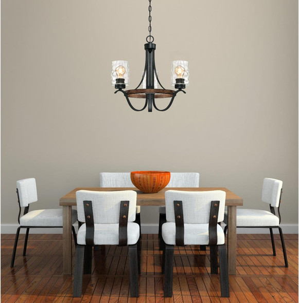 Westinghouse 6331800 Barnwell Three-Light Indoor Chandelier, Textured Iron And Barnwood Finish With Clear Hammered Glass, 3