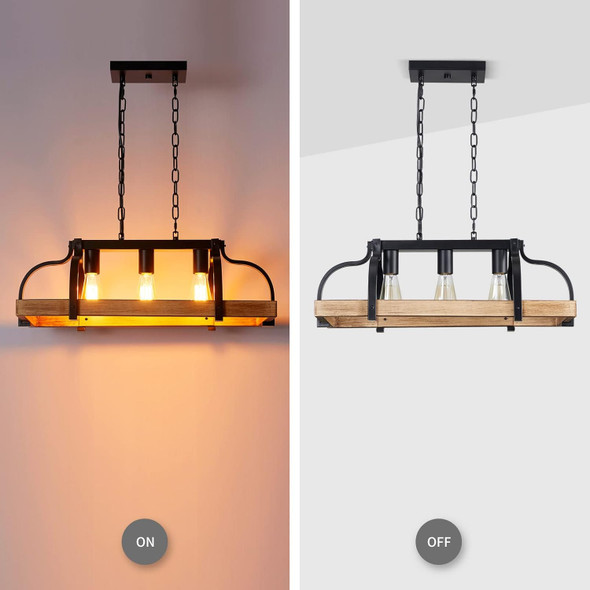 Wuzups 3-Light Metal Pot Hanging Rack Chandelier Imitation Light Wood Grain Linear Pendant Ceiling Lighting Rustic Farmhouse Fixture Kitchen Island Dining Room, H 9.8" L 24.8" W11.8, E26 Base, Black