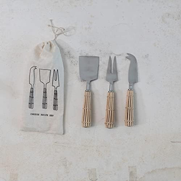 Creative Co-Op Stainless Steel Charcuterie Knives With Rattan Wrapped Handles Set Of 3 Styles