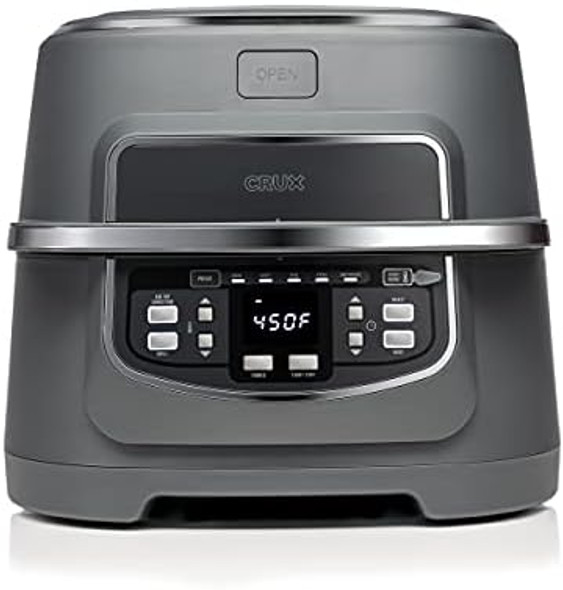 Crux Smokeless Indoor Grill And Digital Air Fryer Oven Combo With Adjustable Temperature And 5 Preset Functions Large 12" X 12" Grate And 5.8 Qt Basket Matte Gray Crux Smokeless Indoor Grill And Digital Air Fryer Oven Combo With Adjustable Temperature And 5 Preset Functions Large 12" X 12" Grate And 5.8 Qt Basket Matte Gray