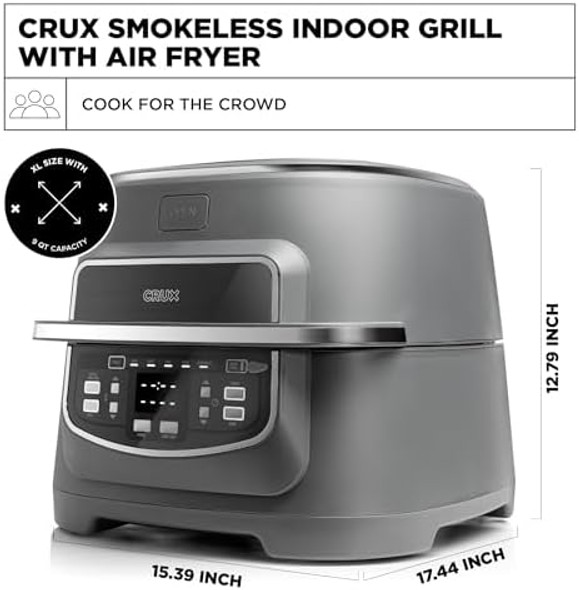 Crux Smokeless Indoor Grill And Digital Air Fryer Oven Combo With Adjustable Temperature And 5 Preset Functions Large 12" X 12" Grate And 5.8 Qt Basket Matte Gray Crux Smokeless Indoor Grill And Digital Air Fryer Oven Combo With Adjustable Temperature And 5 Preset Functions Large 12" X 12" Grate And 5.8 Qt Basket Matte Gray