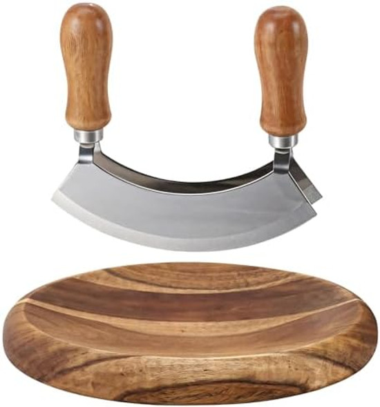 Cutting Boards Mezzaluna Cutter And Round Cutting Board Set Stainless Steel Double Blade Chopping Cutter With Acacia Wood Board For Effortless Onion Spice Cheese Mincing Kitchen Tool For Home Chefs Cutting Boards Mezzaluna Cutter And Round Cutting Board Set Stainless Steel Double Blade Chopping Cutter With Acacia Wood Board For Effortless Onion Spice Cheese Mincing Kitchen Tool For Home Chefs
