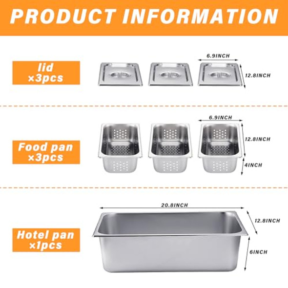 Ferraycle 7 Pack Hotel Pan Set Including 1 Full Size 6 Inch Stainless Steel Steam Pan 3 Pcs 1/3 Size 4 Inch Perforated Pans 3 Pcs 1/3 Lids Steam Table Tray Restaurant Kitchen Supplies Food Warmer
