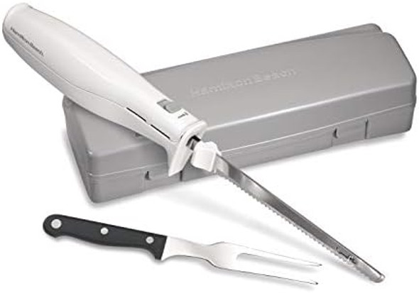 Hamilton Beach Electric Knife Set For Carving Meats Poultry Bread Crafting Foam & More Reciprocating Serrated Stainless Steel Blades Ergonomic Design Storage Case + Fork Included 5Ft Cord White