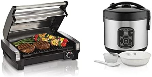 Hamilton Beach Electric Indoor Searing Grill 6-Serving Extra-Large Drip Tray Stainless Steel (25361) & Digital Programmable Rice Cooker & Food Steamer 8 Cups Cooked (4 Uncooked) Stainless Steel Hamilton Beach Electric Indoor Searing Grill 6-Serving Extra-Large Drip Tray Stainless Steel (25361) & Digital Programmable Rice Cooker & Food Steamer 8 Cups Cooked (4 Uncooked) Stainless Steel