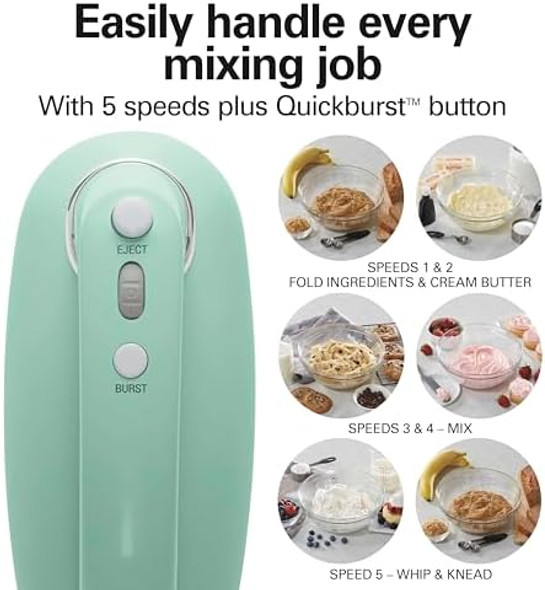 Hamilton Beach Vintage-Style 5-Speed Electric Hand Mixer Powerful 1.3 Amp Dc Motor For Effortless Mixing & Consistent Speed In Thick Ingredients Slow Start Beaters And Whisk Green (62601N) Hamilton Beach Vintage-Style 5-Speed Electric Hand Mixer Powerful 1.3 Amp Dc Motor For Effortless Mixing & Consistent Speed In Thick Ingredients Slow Start Beaters And Whisk Green (62601N)