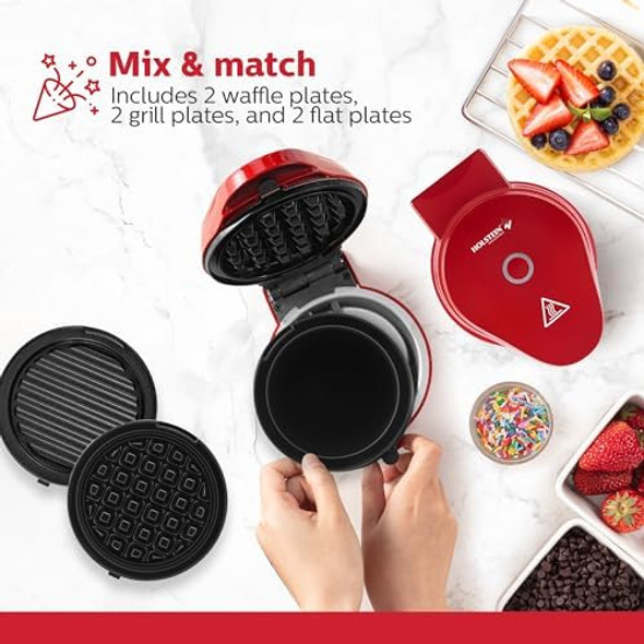 Holstein Housewares 3-In-1 Personal Maker With Indicator Light Griddle & Waffle Maker Non-Stick Coating Plates 2 Waffle Plates 2 Grill Plates & 2 Flat Plates. Even Heating Lightweight