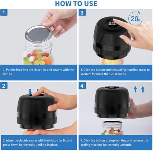 Fully Automatic Mason Jar Vacuum Sealer Kit Electric Sealer For Wide And Regular Mouth Mason Jars Firm Sealing & Anti-Slip Includes 10 Chalkboard Top Lids For Canned Foods Pantry Canning Pickling
