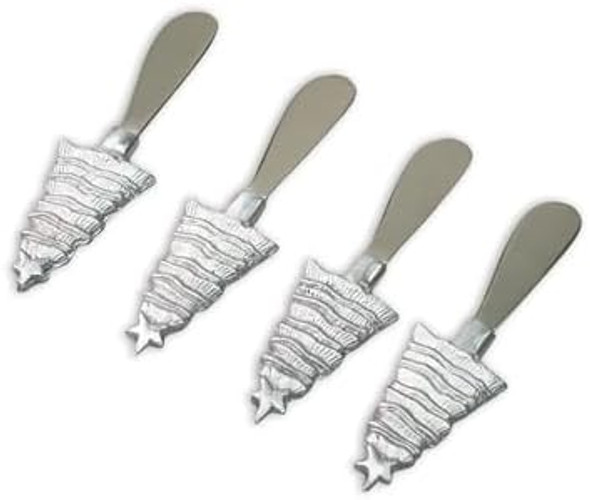 Holiday Christmas Tree Shaped - Silver Tone 5.8 Inch Stainless Steel Butter Cheese Knife Spreader Set Of 4