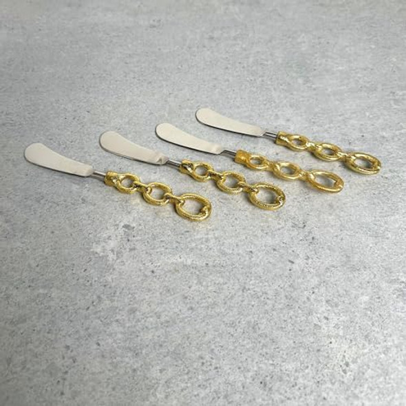 Golden Chain Link Handle - 6.5 Inch Silver Tone Stainless Steel Cheese Butter Knife Spreader Set Of 4