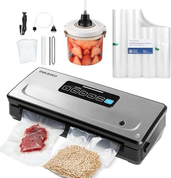 Inkbird Vacuum Sealer Machine With 5 Vacuum Seal Rolls(Total To 110Ft) And 8''12'' Food Sealer Bags5 Compact Food Sealer Machine With 10-In-1 Easy Option For Food Preservationsous Vide