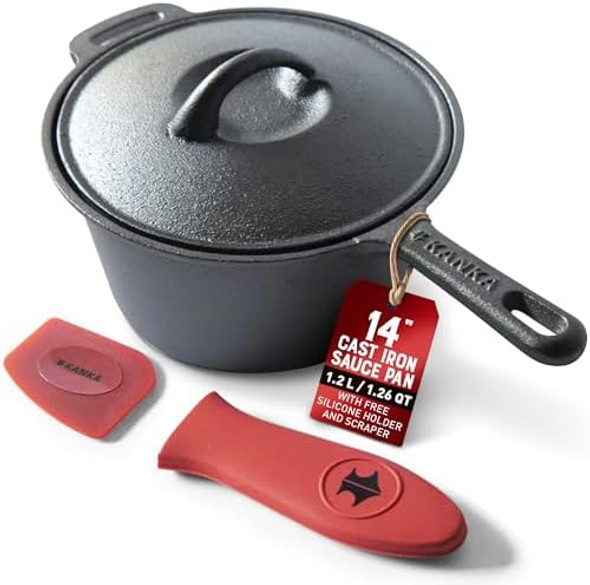 Kanka Grill 14" Cast Iron Sauce Pan With Lid – Pre-Seasoned Deep Cooking Pot With Silicone Handle & Scraper Nonstick Pan For Indoor Or Outdoor Grill Stir Fry Broth Frying Gourmet Cookware - Black Kanka Grill 14" Cast Iron Sauce Pan With Lid – Pre-Seasoned Deep Cooking Pot With Silicone Handle & Scraper Nonstick Pan For Indoor Or Outdoor Grill Stir Fry Broth Frying Gourmet Cookware - Black