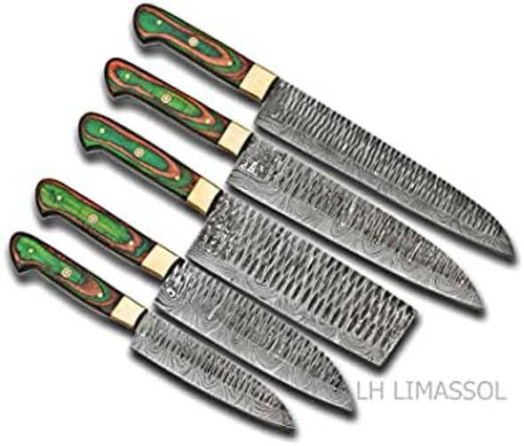 Damascus Steel Kitchen Knife Set 5 Pcs Hand Forged Chef Knife Set With Leather Roll Kit/Christmas / For Her/Kitchen And Dinning