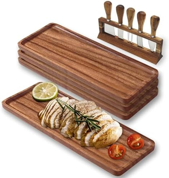 Set Of 4Pcs Acacia Wood Serving Tray & 5Pcs Cheese Knives With Holder14 X 5.5 In Solid Wooden Charcuterie Board Plates Serving Platter For Food Fruit Snacks Bread Versatile (14 X 5.5 X0.6In) Set Of 4Pcs Acacia Wood Serving Tray & 5Pcs Cheese Knives With Holder14 X 5.5 In Solid Wooden Charcuterie Board Plates Serving Platter For Food Fruit Snacks Bread Versatile (14 X 5.5 X0.6In)