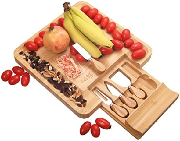 Square 13'' Bamboo Cutting Cheese Board And Knife Set Wooden Charcuterie Platter Meat Tray W/Slide-Out Drawers With 4 Cheese Stainless Steel Knives Chopping Board Food Prep Station Serving Board Square 13'' Bamboo Cutting Cheese Board And Knife Set Wooden Charcuterie Platter Meat Tray W/Slide-Out Drawers With 4 Cheese Stainless Steel Knives Chopping Board Food Prep Station Serving Board