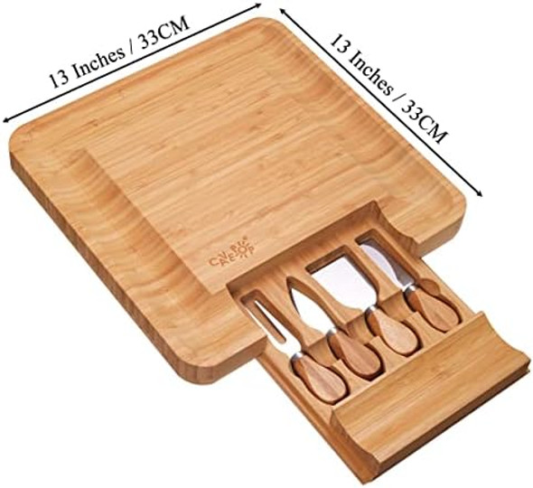 Square 13'' Bamboo Cutting Cheese Board And Knife Set Wooden Charcuterie Platter Meat Tray W/Slide-Out Drawers With 4 Cheese Stainless Steel Knives Chopping Board Food Prep Station Serving Board Square 13'' Bamboo Cutting Cheese Board And Knife Set Wooden Charcuterie Platter Meat Tray W/Slide-Out Drawers With 4 Cheese Stainless Steel Knives Chopping Board Food Prep Station Serving Board